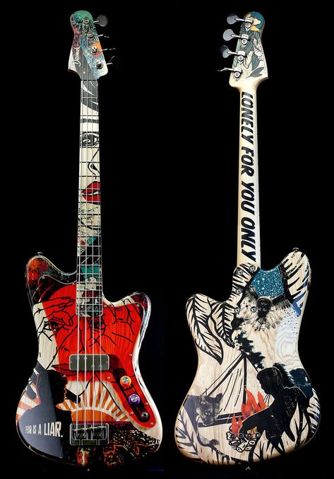 Unique Bass Guitar, Guitar Fretboard Design, Cool Bass Guitars, Base Instrument, Custom Acoustic Guitars, Custom Bass Guitar, Guitar Artwork, Custom Bass, Guitar Fretboard