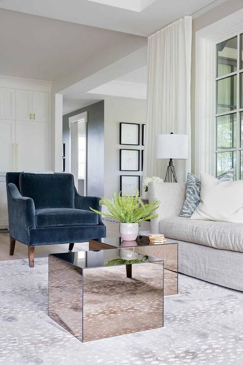 Velvet Chairs Living Room, Blue Velvet Accent Chair, Restful Bedrooms, Blue Velvet Chairs, Blue Accent Chairs, Velvet Accent Chair, Blue Accent, Transitional Living Rooms, Blue Living Room