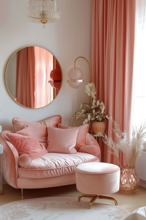 Beige Interior Aesthetic, Barbiecore Living Room, Pink Accent Living Room, Classy Room Aesthetic, Pink Living Room Aesthetic, Girly Apartment Aesthetic, Pink Interior Design, Feminine Interior Design, Clean Living Room