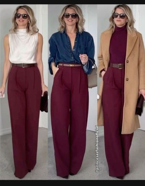 Fall Burgandy Outfits, Deep Winter Office Outfit, Deep Autumn Work Outfits, Burgandy Pants Outfits, Burnt Orange Outfits, Pantalon Palazzo Outfits, Burgundy Outfits For Women, Deep Winter Outfits, Fall Festival Outfits