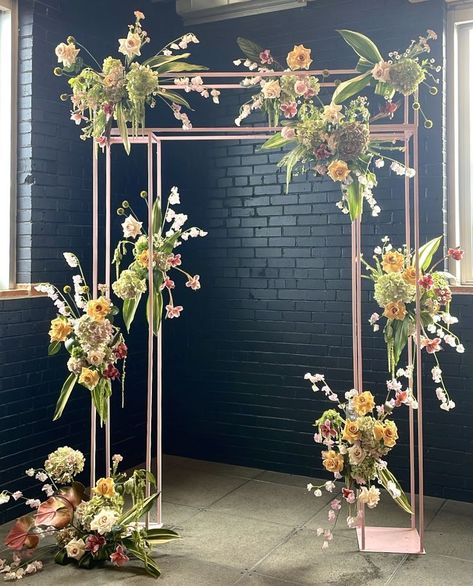 #weddingarch #pinkarch #floralarch #rectanglararch #tropicalflorals Metal Wedding Arch With Flowers, Free Standing Floral Arch, Open Floral Arch, Deconstructed Floral Arch, Floral Arch, Bedroom Green, Wedding Arch, Arch, Green