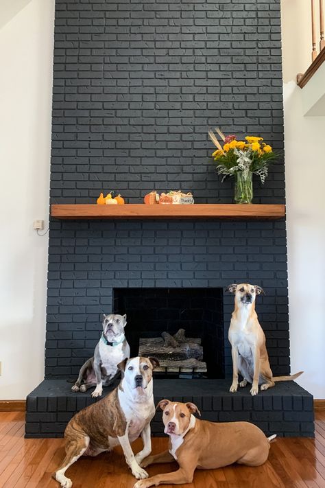 4 easy steps to paint your brick fireplace! Black Brick Fireplace, Brick Fireplace Wall, Black Mantle, Grey Fireplace, Red Brick Fireplaces, Painted Brick Fireplace, Black Brick Wall, Painted Brick Fireplaces, Mantle Ideas