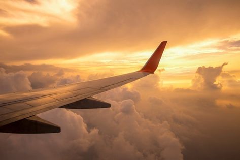 Aircraft wing on the clouds of sunset Pr... | Premium Photo #Freepik #photo #travel #cloud #nature #sun Travel Notion Cover, Yellow Cover Photo, Sky From Plane, Cover Photo Aesthetic, Cover Photos Facebook Aesthetic, Plane Wing, Linkedin Cover Photo, Plane Wallpaper, Aircraft Wing