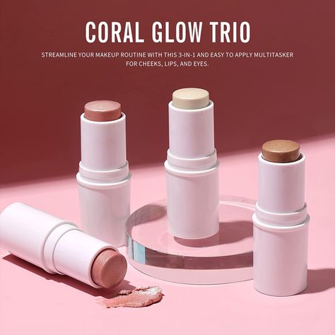 KIMUSE Multi Stick Trio Face Makeup, Cream Blush Stick for Cheeks & Lips, Contour Stick & Highlighter Makeup Sticks for All Skin Body Shimmer Photography, Lips Contour, Cream Blush Stick, Makeup Stick, Body Shimmer, Makeup For Older Women, Stick Highlighter, Blush Stick, Contour Stick