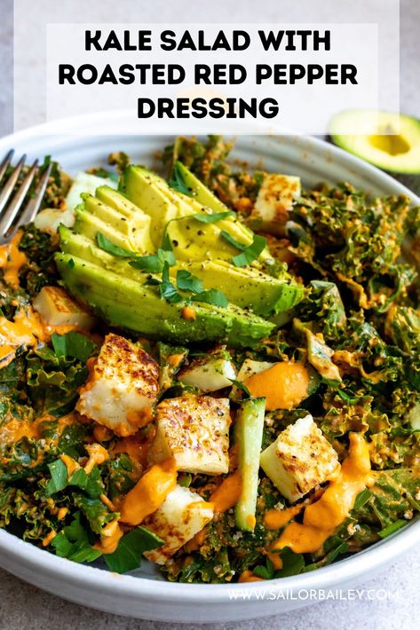 This kale salad with roasted red pepper dressing is an unmatched flavor combination. It pairs beautifully with any meal, or top it with fried halloumi, fish or chicken for a satisfying meal. Bursting with unexpected savory flavors this will be your new favorite. via @sailor_bailey Roasted Red Pepper Dressing, Red Pepper Dressing, Kale Salad Dressing, Pepper Dressing, Sailor Bailey, Fried Halloumi, Halloumi Salad, Autumn Salad, Salmon Dishes