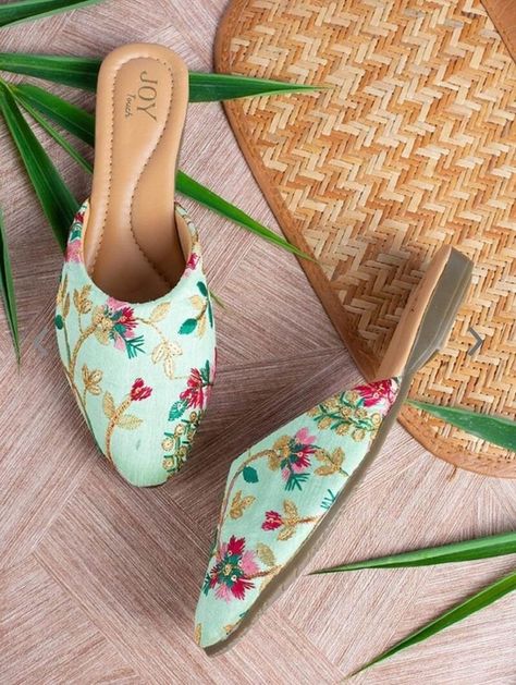 Green Mules, Indian Shoes, Punjabi Jutti, Leather Cushion, Back Details, Back Strap, Synthetic Leather, Women's Shoes Sandals, Girls Shoes