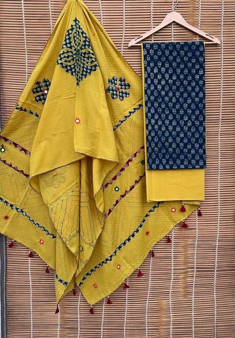 RATE :1800/- *AJRAKH PATCHWORK MIRROR WORK SUIT* Azrakh print suit with Ajrakh hand patchwork, kantha work , mirror work , hand niddle work dupatta border and Beautiful tussle Kurta: 2.5 mtr (pure ajrakh handblock ) Bottom:2.5 mtr (cotton plain) Dupatta: 2.5mtr (hand made patch, mirror kantha work cotton mul) Mirror Work Suit, Hand Patchwork, Dupatta Border, Kantha Work, Work Suits, Mirror Work, Hand Made, Mirror, Pure Products