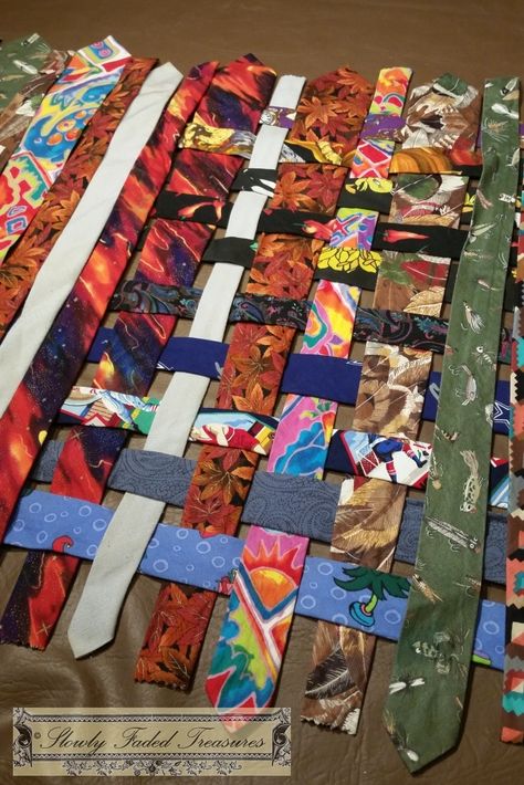 Lap Quilt Made Out of Woven Ties – Slowly Faded Treasures Tie Quilt Pattern Ideas, Neck Tie Projects, Old Neck Ties, Diy Necktie, Necktie Projects, Tie Projects, Diy Necktie Projects, Tie Quilts, Mens Ties Crafts