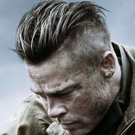 Slicked Back Undercut Brad Pitt Fury Haircut, Fury Haircut, Brad Pitt Fury, Men Haircut Undercut, Military Haircuts Men, Viking Haircut, Slick Back Haircut, Military Haircut, Ideas Haircut