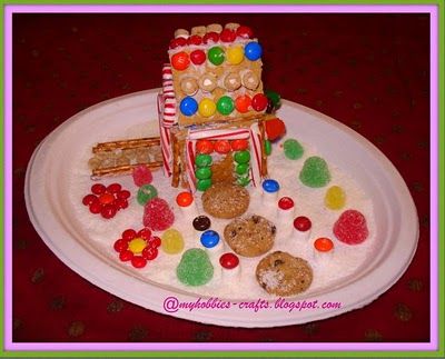 Milk Carton "Gingerbread" House - But we (Bonners) turn the base (plate) upside down before hot-gluing the house to it. Milk Carton Gingerbread House, Easy Gingerbread House, Christmas Party Treats, Easy Gingerbread, Milk Cartons, Holiday Classroom, Butterscotch Pudding, Candy House, Christmas Arts And Crafts