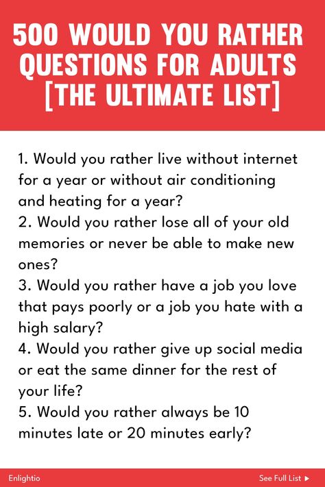 Explore the ultimate list of 500 thought-provoking "Would You Rather" questions designed for adults. Stimulate engaging conversations and get to know your friends, family, or colleagues on a whole new level with these intriguing prompts. Perfect for game nights, parties, road trips, or simply sparking interesting dialogues. Add fun and depth to your interactions with these unique conversation starters! Would You Rather Questions For Friends, Party Questions For Adults, Weird Would You Rather Questions, Would You Rather Questions For Adults Hilarious, Would You Rather Questions For Adults, Party Questions, Rather Questions, Questions For Friends, Would You Rather Questions