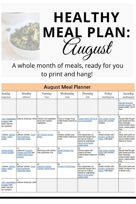 August Meal Plan, Aip Meals, Meal Planning Calendar, Sheet Pan Meals Chicken, Inflammatory Recipes, Spiced Beef, Paleo Meal Plan, Lower Inflammation, Monthly Meal Planning