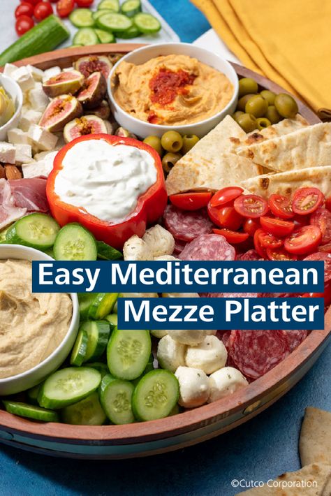 Mezze platter comes from the Mediterranean region and essentially means many appetizers put together to make an entire, easy meal. 🍽️ Use our recipe as a guide as you build yours, and based on what you choose to serve, you'll have a dish that is pleasing to the eye as well as to the stomach. 🤗 #MyCutco #MezzePlatter #PlatterIdeas #MedditeraneanFoodRecipes #Platters #CharcuterieBoard Mediterranean Plate, Turkish Mezze Platter Ideas, Mezza Platter Ideas, Greek Platter Appetizers, Italian Mezze Platter, Mezze Platter, Mediterranean Appetizer Platter, Mediterranean Party Food, Mediterranean Mezze Platter