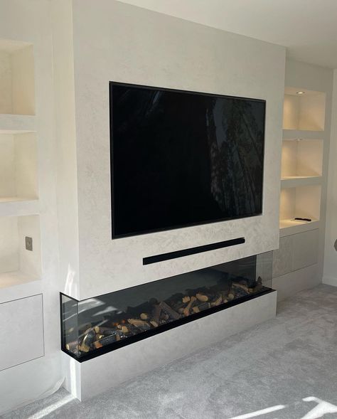 Media Unit Ideas Tv Walls, Media Wall With Fireplace, Wall With Fireplace, 3 Sided Fireplace, Feature Wall Living Room, Thats All, Fire Places, Venetian Plaster, Media Unit