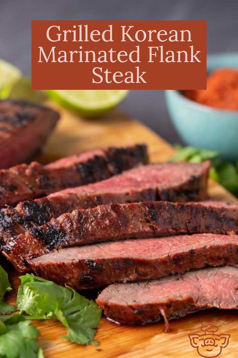 Thai Flank Steak Marinade, Korean Bbq Flank Steak, Bbq Steak Recipes, Bbq Flank Steak, Quick Flank Steak Marinade, Grilled Flank Steak With Tomato Salad, Flank Steak Grill Time, Marinade Flank Steak, Marinated Skirt Steak