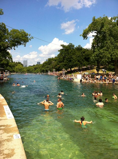 Barton Springs Pool, spring-fed and refreshing! Austin Bachelorette, Barton Springs, Summer Lovin, Hill Country, Landscape Architecture, Places Ive Been, Golf Courses, Springs, Dolores Park