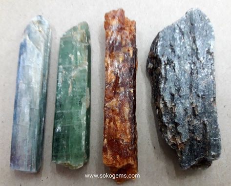 Blue kyanite green kyanite orange kyanite black kyanite... Orange Kyanite, Black Kyanite, Green Kyanite, Blue Kyanite, Rock Hounding, Green Crystal, Gem Stones, Energy Crystals, Gems And Minerals