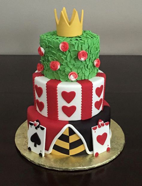 Queen of Hearts cake Birthday Cake 18th Girl, Banana Chicken, Queen Of Hearts Cake, Disney Villain Party, Grey Clothes, Hearts Cake, Heart Birthday Cake, Alice In Wonderland Tea Party Birthday, Alice In Wonderland Cakes