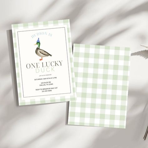 One Lucky Duck Birthday Invitation, One Lucky Duck Birthday Party, Lucky Duck First Birthday, First Birthday Template, Duck First Birthday, One Lucky Duck, Hunting Theme, Duck Birthday, Lucky Duck