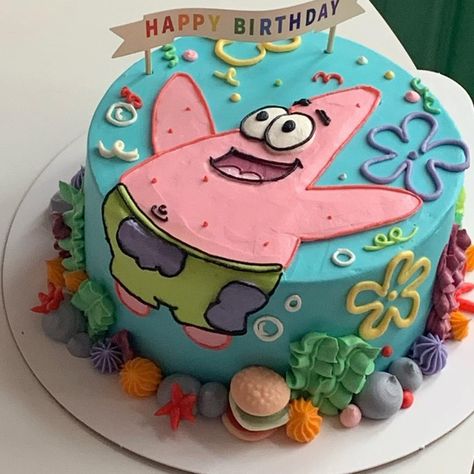 Patrick Cake Spongebob, Spongebob And Patrick Cake, Patrick Star Cake, Patrick Cake, Spongebob Birthday Cake, Sonic Birthday Cake, Spongebob Cake, 25th Birthday Parties, Spongebob Party