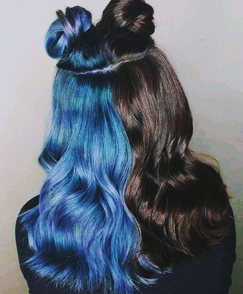 Half Black Half Teal Hair, Black And Bright Blue Hair, Brown And Blue Split Dye, Split Dye Blue And Black, Split Hair Dye Underneath, Split Dyed Hair Blue, Black And Dark Blue Hair, Half Black Half Blue Hair, Black Hair With Blue Underneath