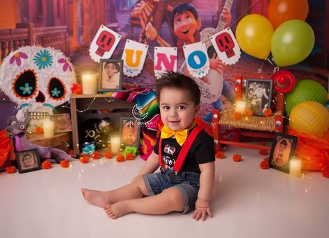 1st Birthday Cake Smash, Coco backdrop photo shoot.             Follow on IG: @alexzander_royce Coco Photoshoot, Coco Backdrop, Coco Birthday Party, Coco Birthday, Coco Party, 2nd Birthday Photos, Coco Disney, Cake Smash Photo Shoot, Mexican Birthday Parties