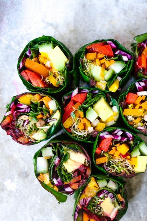 Rainbow rolls makin' veggies that much prettier to eat. Collard Green Wraps, Veggie Rolls, Rainbow Roll, Plant Based Snacks, Eat The Rainbow, Idee Pasto Sano, Vegan Snacks, Raw Vegan, Healthy Meals