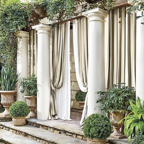 Alfresco Lighting, Planter Filler, Grecian Urn, Outdoor Drapery, Corner Pergola, Faux Boxwood, Roman Style, Deck With Pergola, Pergola Kits