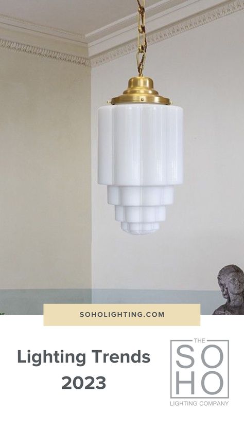 lighting trends 2023 on graphic overlay with oversized milk white pendant light with polished brass cap and chain. Trending Chandeliers 2023, 2023 Chandelier Trends, 2023 Light Fixture Trends, 2023 Lighting Trends, Lighting Trends 2023, Oversized Lighting, Trends In 2023, Mixing Metals, Lighting Trends