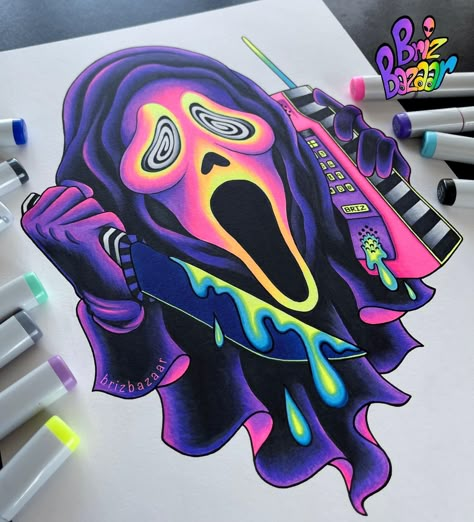 Trippy Character Drawings, Rgb Art Illustrations, Trippy Horror, Ghostface Painting, Ghostface Drawing, Scream Drawing, Neon Art Painting, Drawing Horror, Art Trippy