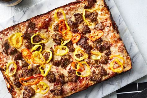 Detroit-Style Pizza With Sausage and Peppers — Real Simple Banana Pepper Pizza, Crispy Sausage, Detroit Style Pizza Recipe, Pizza With Sausage, Sausage And Peppers Recipe, Detroit Style Pizza, Pepper Pizza, Grandma Pie, Pickled Banana Peppers