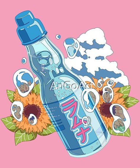 Japanese Water Wallpaper, Drink Art Aesthetic, Japanese Water Illustration, Japanese Art Kawaii, Japanese Drinks Aesthetic Drawing, Bottle Aesthetic Art, Drinks Aesthetic Drawing, Water Drawing Aesthetic, Ramune Soda Aesthetic Drawing