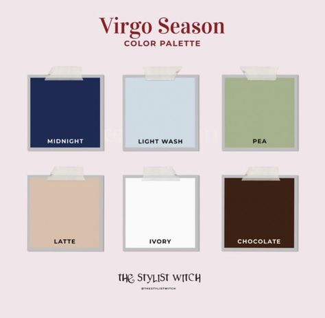 From @ thestylistwitch on Instagram: Midnight: Wisdom, responsibility, authority Light Wash: Reliability, receptivity Pea: Stability, rejuvenation, soothingness Latte: Simplicity, comfort, dependability Ivory: Purity, truth, intuition Chocolate: Tradition, practicality Virgo Season, Season Colors, Bar Chart, Color Palette, On Instagram, Color, Instagram