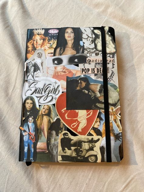 Goth Journal Ideas, Collage Journal Cover, Diary Ideas Creative Cover, Diary Ideas Cover, Collage Notebook Cover, Journal Cover Collage, Journal Cover Stickers, Journal Front Cover Ideas, Journal Aesthetic Cover