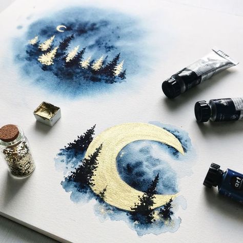 🌙 𝙼𝚊𝚗𝚍𝚢 ✨ on Instagram: "More blue paintings 💙🌙 Miss my enchanted painting? I'll do some soon! @ydnacydnam . I used @artphilosophyco watercolor tubes 💙 beautiful blue colors, and 100% cotton cold pressed 300gsm watercolor paper . #ydnacydnam #artphilosophyba2022 #artphilosophyba #artspotlight #enchantedforest #bluewatercolor #dreamywatercolor #artphilosophyco #artphilosophybaproject" Zion Watercolor, Metallic Watercolor Painting Ideas, Pretty Watercolor Paintings, Mystic Watercolor, Enchanted Painting, Mystical Watercolor, Watercolor Tubes, Watercolor Night Sky, Blue Paintings