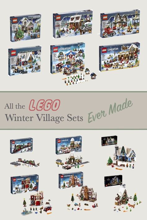 all 13 LEGO Winter Village Sets Thanksgiving Village Display, Lego Christmas Village Display, Lego Christmas Village Display Ideas, Christmas Lego Ideas, Christmas Lego Village, Christmas Lego Instructions, Lego Christmas Village Instructions, Christmas Lego Sets, Lego Santas Workshop