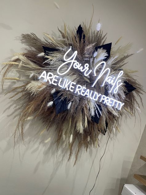 Feather Neon Sign, Pampas Sign Decor, Pampas Salon Decor, Pampas Led Sign, Pampas Grass Wall Decor With Neon Sign, Neon Sign With Pampas, Pampas Grass Neon Sign, Lash Esthetics, Pampas Sign