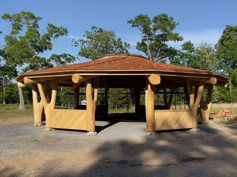 Native Lands Conservancy Builds a 12 Tree Fork Pavilion Simple Pavilion Design, Simple Pavilion, Pavilion Design, Outdoor Classroom, End Of Days, Construction Cost, Clear Blue Sky, Timber Framing, Timber Frame