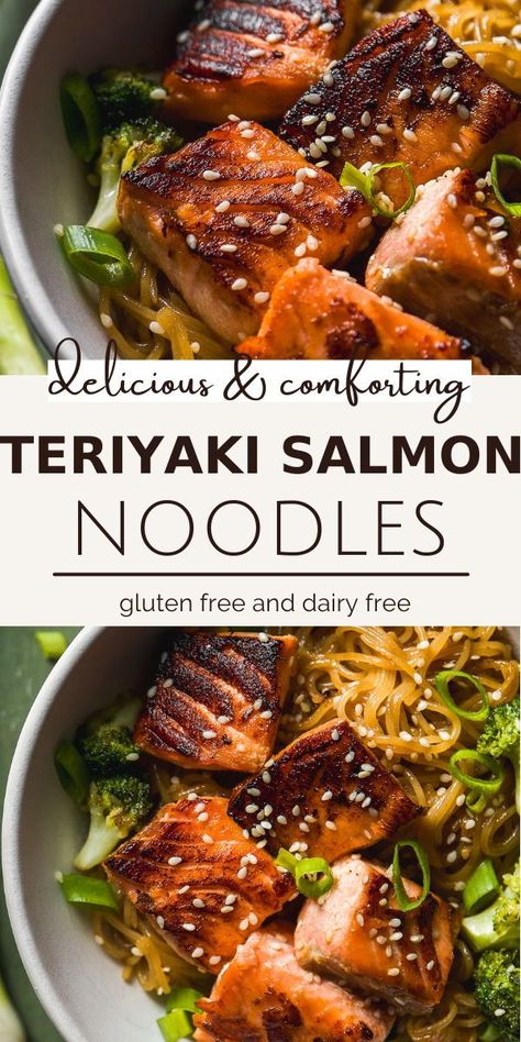 Teriyaki salmon noodles are a takeout-inspired dish that comes together with a handful of simple, nutritious ingredients in a matter of minutes! Sweet, savory, and full of protein, it’s a delicious weeknight dinner you’ll look forward to eating again and again. Quick Salmon Recipes, Salmon Noodles, Salmon Stir Fry, Teriyaki Noodles, Quick Salmon, Rice Noodles Stir Fry, Healthy Salmon, Teriyaki Salmon, Macro Meals