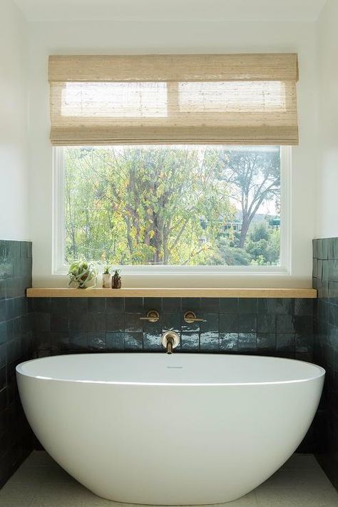 Gold Tub, Black Wooden Chairs, Woodland Hills California, White Beadboard, Light Gray Sofas, Wood Handrail, Transitional Dining Room, Hillside House, Bathtub Walls