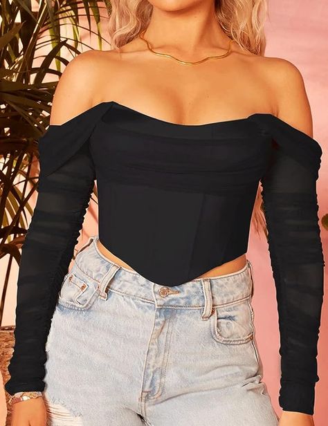 Mesh sheer black long sleeve corset crop top ruched off shoulder blouse push up party bustier top Long Sleeve Corset Top, Corset Top Outfit, Long Sleeve Corset, Sheer Long Sleeve Top, Corset Outfit, Black Corset Top, Up Party, Sheer Long Sleeve, Corset Crop Top