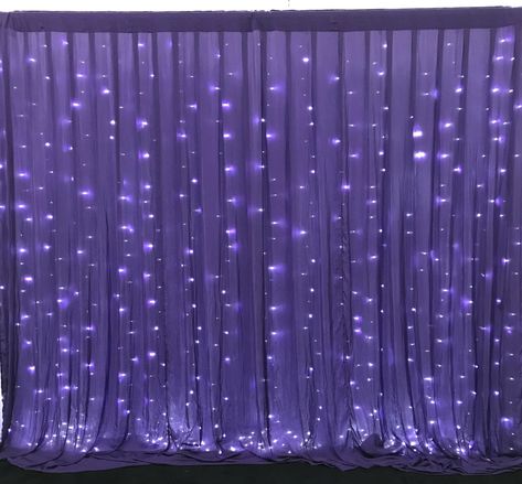 Purple Party Theme Ideas, Purple And Silver Party Ideas, Purple Photo Booth, Fairy Light Backdrops, Fairy Light Curtain, Lila Party, Euphoria Party, Gold Drapes, Bridal Backdrops