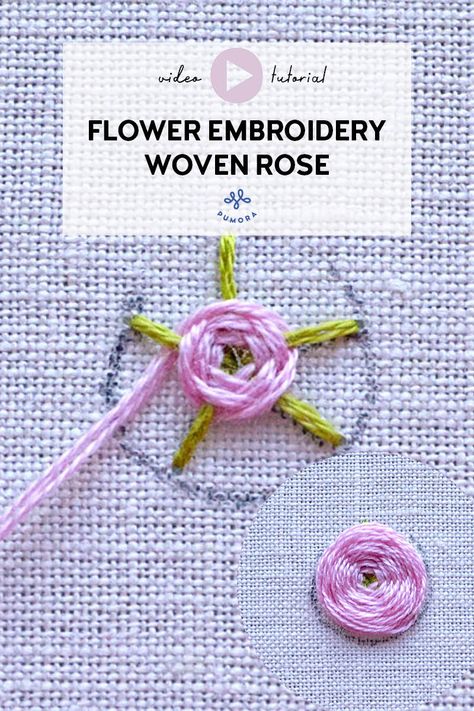 How To Embroider A Rose By Hand, Embroidered Rose Tutorial, How To Embroider A Rose, Woven Rose Embroidery Design, Embroidered Flowers Tutorial, Rose Stitch Embroidery, Woven Rose Embroidery, Embroidered Knitwear, Tutorial Embroidery