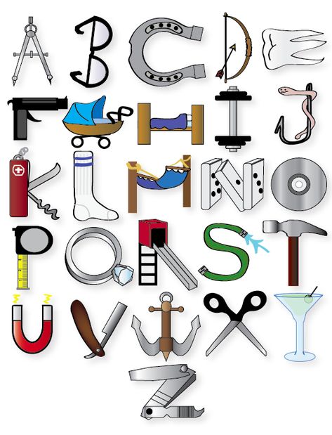 Object Alphabet by https://www.deviantart.com/funkymonkey1961 on @DeviantArt Made Up Alphabet, Letters As Objects, Phonetic Alphabet Art, Objects That Look Like Letters, Object Alphabet Letters, Letters Made Out Of Objects, Objects That Look Like Letters Alphabet, Typography Objects, Vehicle Alphabet Letters