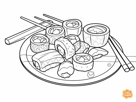 illustration of Indulge in sushi coloring Anime Food Coloring Pages, Mandala Turtle, Coloring Page For Adults, Food Coloring Pages, Fantasy Fairy, Sushi Rolls, Chopsticks, Free Coloring Pages, Food Coloring