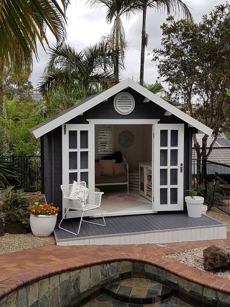 4 Awesome Reasons to Get Yourself a She Shed | Her Track Small Pool Houses, Pool House Shed, Shed Makeover, Pool Shed, Pool House Designs, Backyard House, Backyard Studio, House Shed, Intarsia Woodworking