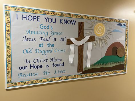 Easter Bulletin Boards For Church, Christian Easter Bulletin Board Ideas, Easter Church Bulletin Boards, Christian School Bulletin Boards, Easter Bulletin Boards, Church Library, Resurrection Eggs, Class Bulletin Boards, Christian Bulletin Boards