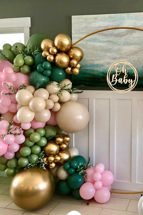 #pinkandgreenbabyshower #babyshowerballoons #babyshowerideas #babyshower #shower #ohbaby #baby #babyballoons #balloongarland #chromeballoons #utahballoons #pumpnpopballoon Pink Gold Green Birthday Party, Pink Green Gold Balloon Garland, Pink And Green Brunch Decor, Pink And Green Event Decor, Green Pink And Gold Birthday Party Decor, Aka Balloon Decor, Pink And Green Birthday Theme, Green And Pink Decorations Party Ideas, Green And Pink Balloon Arch