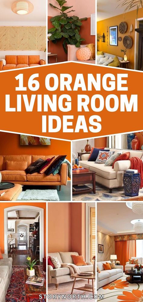 Save this pin for vibrant decor inspiration! Elevate your living room with these bright and energetic orange hues. Discover how to create a lively and inviting space with these bold design ideas. #HomeDecor #LivingRoomIdeas #OrangeDecor #InteriorDesignTips Citrus Paint Colors, Living Rooms With Orange Couches, Orange Lamps Living Room, Orange Ceiling Living Room, Earthy Orange Living Room, Orange Paint Living Room, Burnt Orange Decor Living Room, Burnt Orange Sofa Living Room Ideas, Orange Blue Room