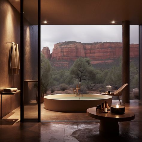 Sedona House, Sedona Spa, Dune Aesthetic, Outdoor Library, Wellness Center Design, Indoor Spa, Black Interior Design, Relaxing Space, Dream Bath